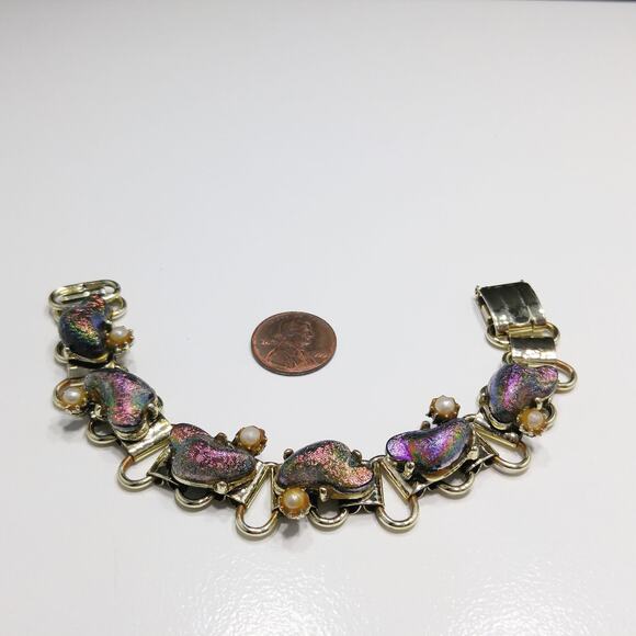 Vintage Holographic Art Glass Bracelet, Book Chain, Faux Pearls, 1960s Jewelry - Picture 2 of 10